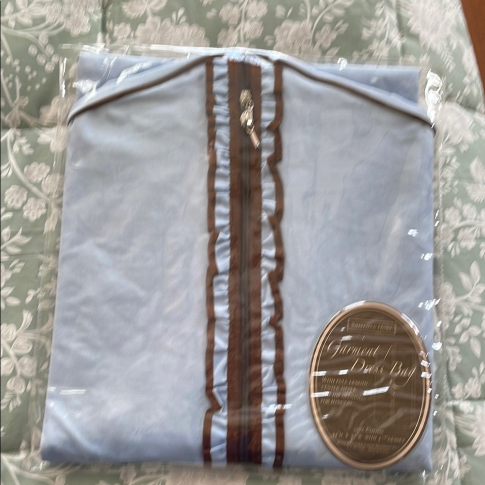 Sheffield Home Blue Garment Dress Bag with Tan Trim